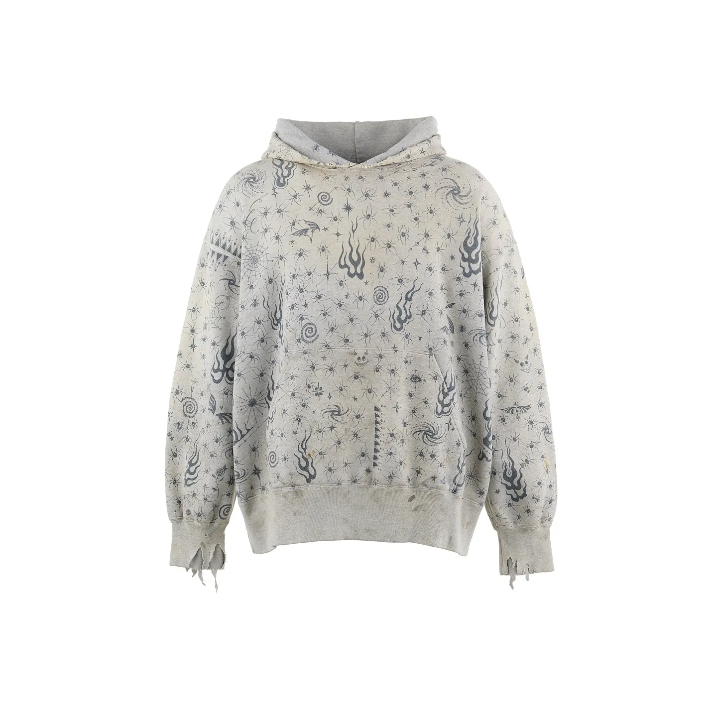 SAINT Mxxxxxx x DR. WOO HOODIE ' Dr.Woo ' /GRY Flame Swirl Spider Web Hoodie Distressed Gray S-XL Custom-woven and dyed nostalgic gray fabric. After printing, the garment is sprayed with potion to cause the fabric to oxidize and fade. A large number of artificial fabric destruction processes are added to make the whole piece of clothing look aged and unique like a work of art. This hoodie is co-branded with a famous tattoo design artist and customized with a full set of Dr.Woo accessories. Bringing you authentic items!